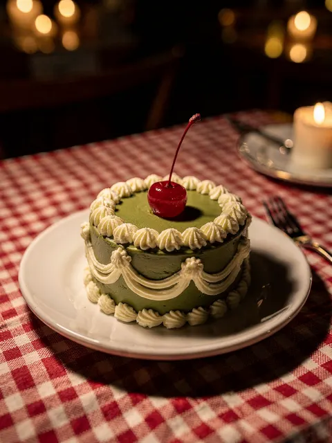 A green bento cake with vintage piping and a cherry on a white plate