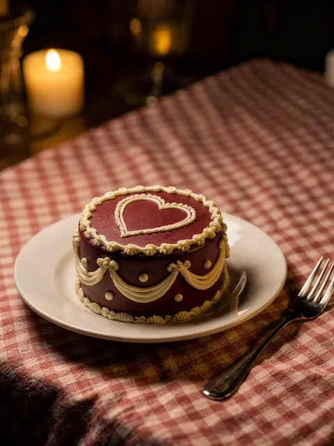 A burgundy bento cake with a cream piped heart on a white plate