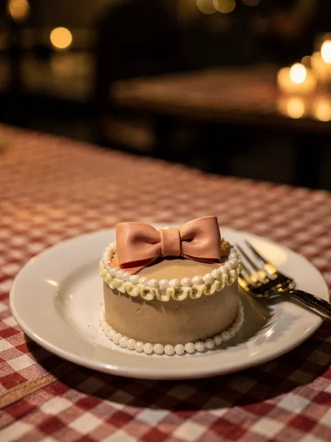 A beige bento cake with a pink bow and pearls on a white plate