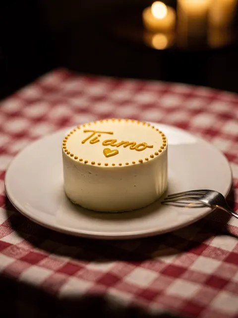 A cream bento cake with Ti amo in mustard script on a white plate